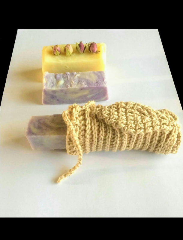 Soap saver made from 100% cotton sold with rose soap made by local artisan.