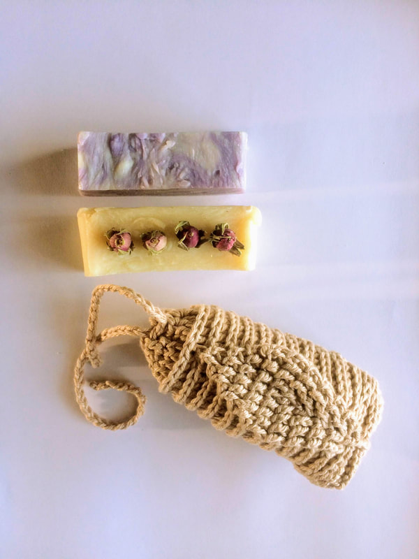 Soap saver made from 100% cotton sold with rose soap made by local artisan.